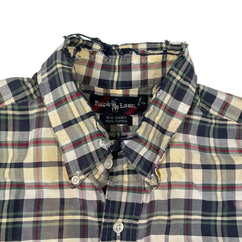 Vintage Polo Ralph Lauren XL Plaid‎ Button Down Big Shirt Distressed Thrashed